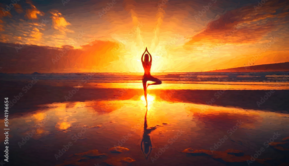 Woman practicing yoga on the beach at sunset. generative ai.