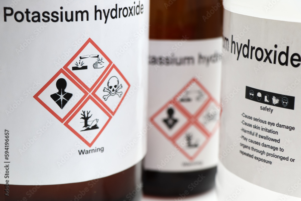Potassium hydroxide, Hazardous chemicals and symbols on containers