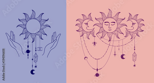 Mysticism vector isolated clip art, Celestial logo template, sun with face and witches hands symbols or icons, mystical cosmic fantasy objects isolated illustrations pack