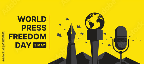 World Press Freedom Day - Black globe world microphone pen and microphone record on mountain with birds freedom flying around on yellow background vector design