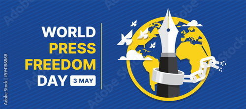 World Press Freedom Day - Pen with and chain broken and white birds freedom flying to sky in yellow globe world sign on stripe blue background vector design