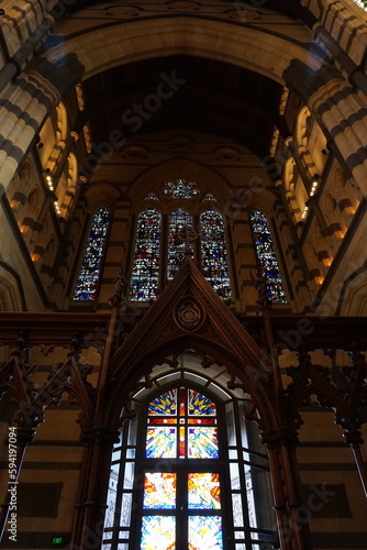 Stained glass in church, high celling