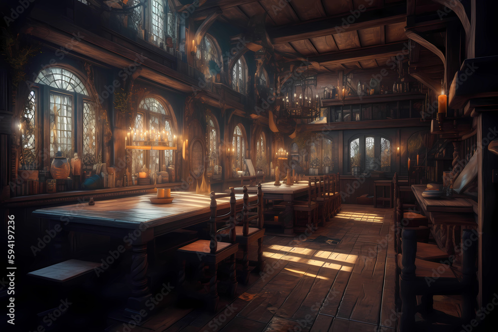 Concept Art Illustration of Fantasy Medieval Tavern - generative ai Concept Art Illustration of Fantasy Medieval Tavern - generative ai