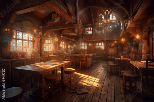 Concept Art Illustration of Fantasy Medieval Tavern - generative ai