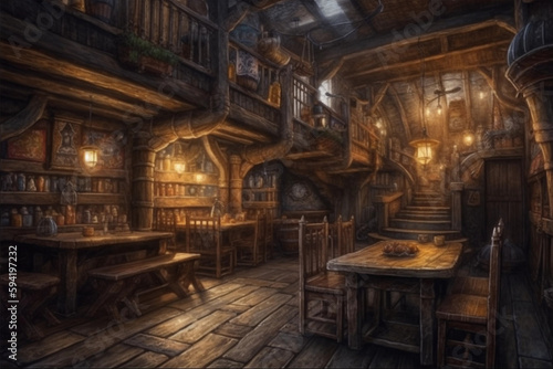 Concept Art Illustration of Fantasy Medieval Tavern - generative ai © Passionet Designs
