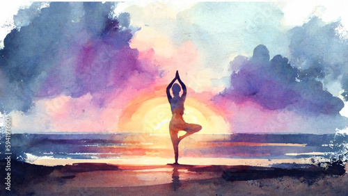 Woman practicing yoga on the beach at sunset. watercolor style. generative ai.