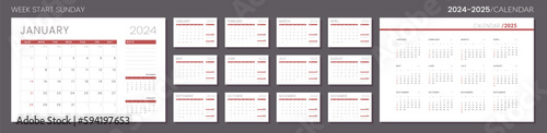 2024-2025 Calendar Planner Template. Vector layout of a wall or desk simple calendar with week start sunday. Set of monthly and annual page calendar. Minimalist corporate calendar design for print.