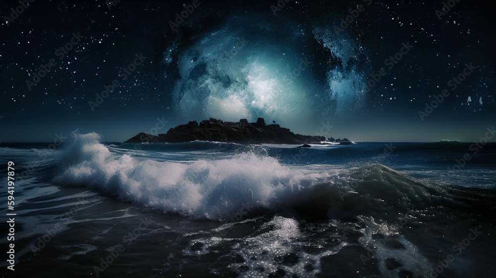 Crashing ocean waves on a starry night Generative AI Photography