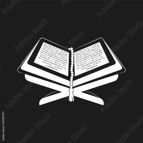 Open Holy book of Koran with rosary on board stand. Isolated vector illustration for your design