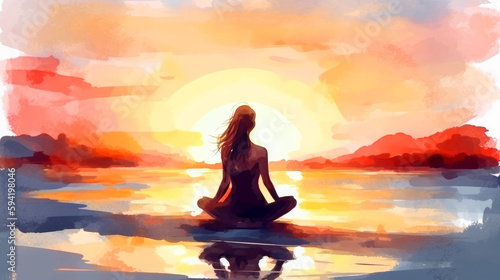 Woman practicing yoga on the beach at sunset. watercolor style. generative ai.