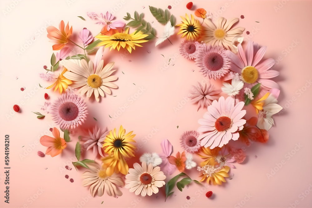 Wildflowers on a pink background with a place for text, colorful summer flowers. With Generative AI tehnology Wildflowers on a pink background with a place for text, colorful summer flowers. With Generative AI tehnology