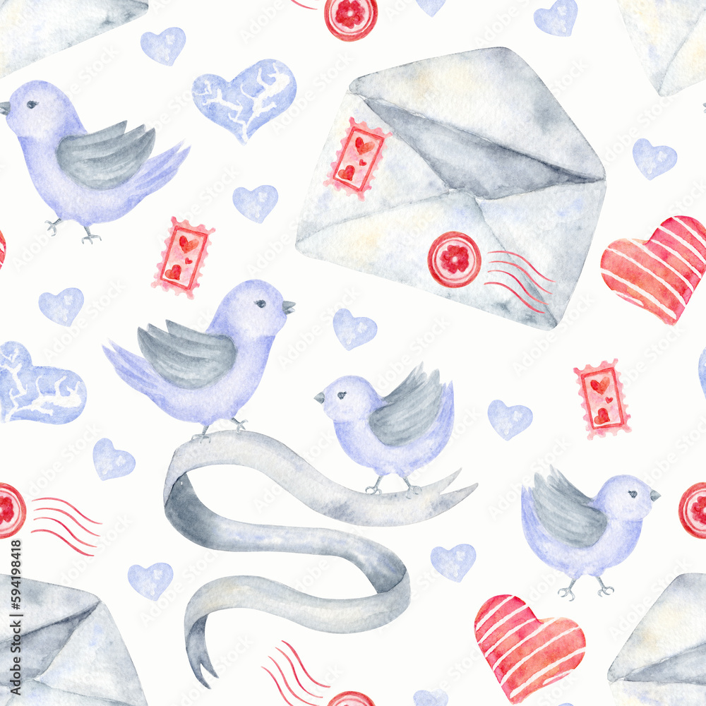 Fototapeta premium Birds and Love Letters Seamless Watercolor Pattern. Lovebirds and stamped letters with hearts arranged in pattern. To use for wallpaper, banner, textile, postcard or wrapping paper