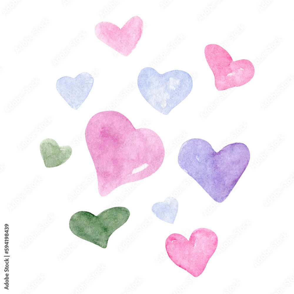 Hearts Watercolor Set. Various green, pink, blue and violet hearts in wet in wet technique. To use for wallpaper, banner, textile, postcard or wrapping paper