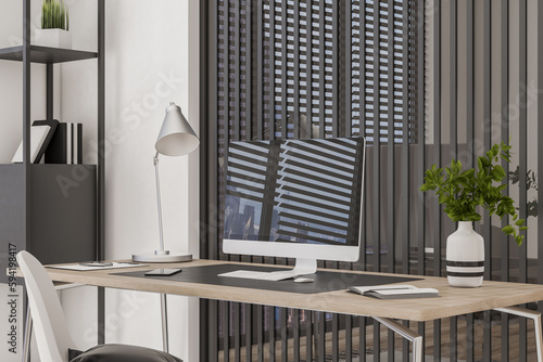 New office interior with workplace, equipment, decorative items, partitions and window with city view. 3D Rendering.