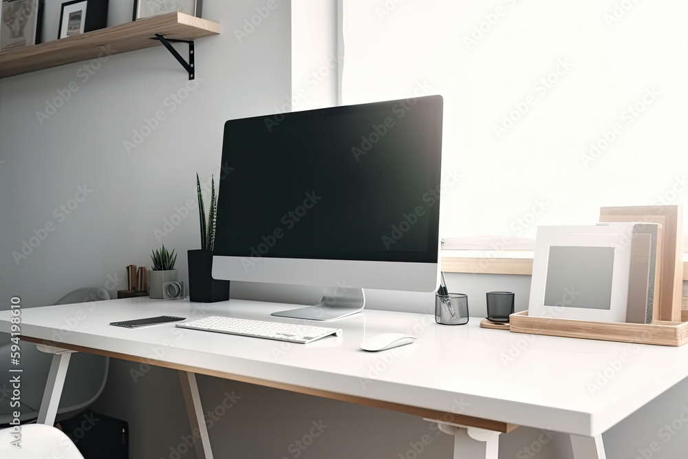 workspace with mock up computer and office supplies gadget. Blank screen and copy space workspace with mock up computer and office supplies gadget. Blank screen and copy space