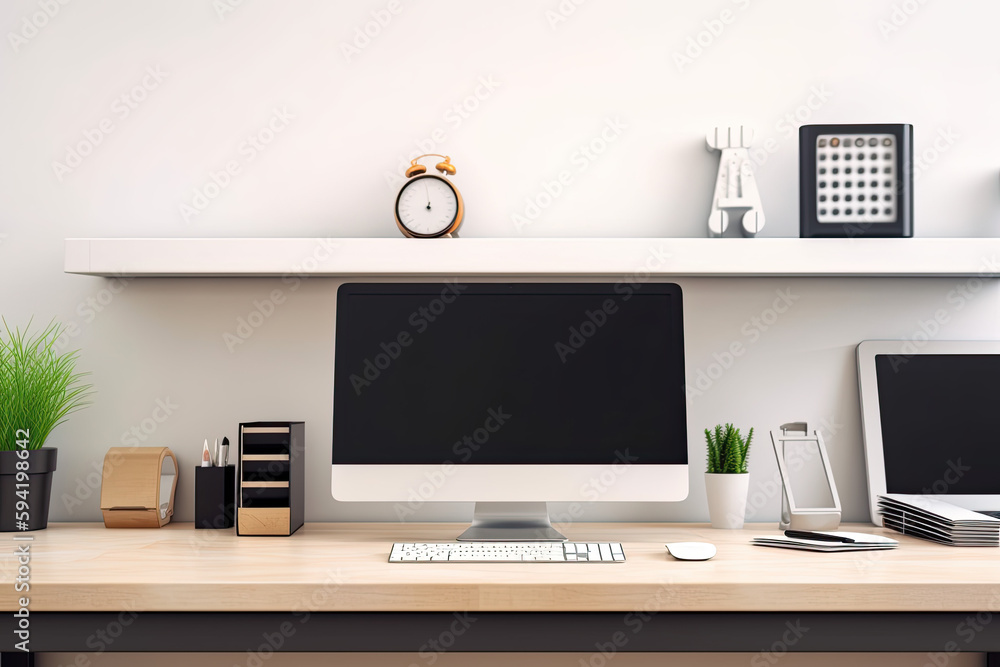 Fototapeta premium workspace with mock up computer and office supplies gadget. Blank screen and copy space 