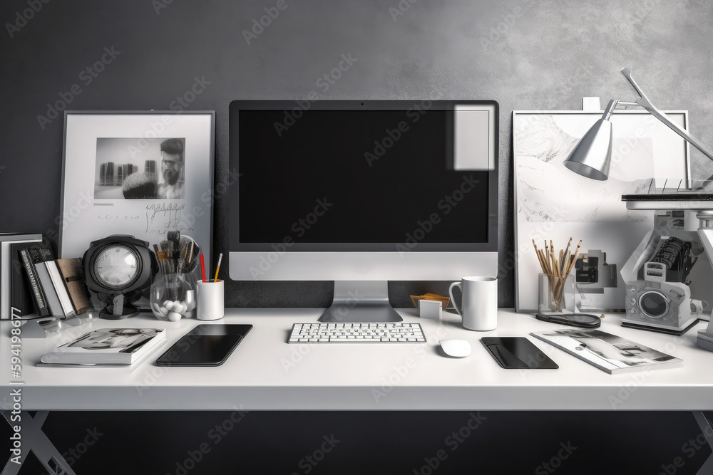 workspace with mock up computer and office supplies gadget. Blank screen and copy space workspace with mock up computer and office supplies gadget. Blank screen and copy space