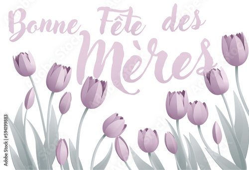 French Happy Mothers Day Bonne Fete Des Meres paper craft or paper cut origami style floral tulip flowers design. With lilac tulips background corner frame design elements.