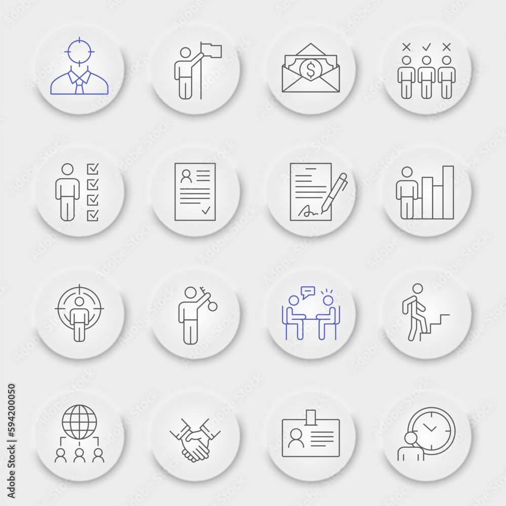 Headhunting line icon set, head hunting collection, vector graphics, neumorphic UI UX buttons, recruitment vector icons, people signs, outline pictograms, editable stroke Headhunting line icon set, head hunting collection, vector graphics, neumorphic UI UX buttons, recruitment vector icons, people signs, outline pictograms, editable stroke