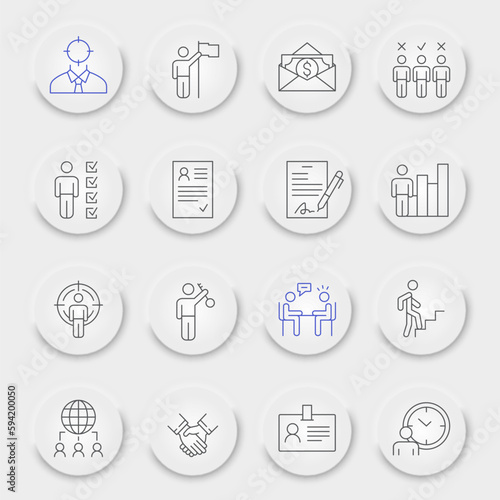 Headhunting line icon set, head hunting collection, vector graphics, neumorphic UI UX buttons, recruitment vector icons, people signs, outline pictograms, editable stroke