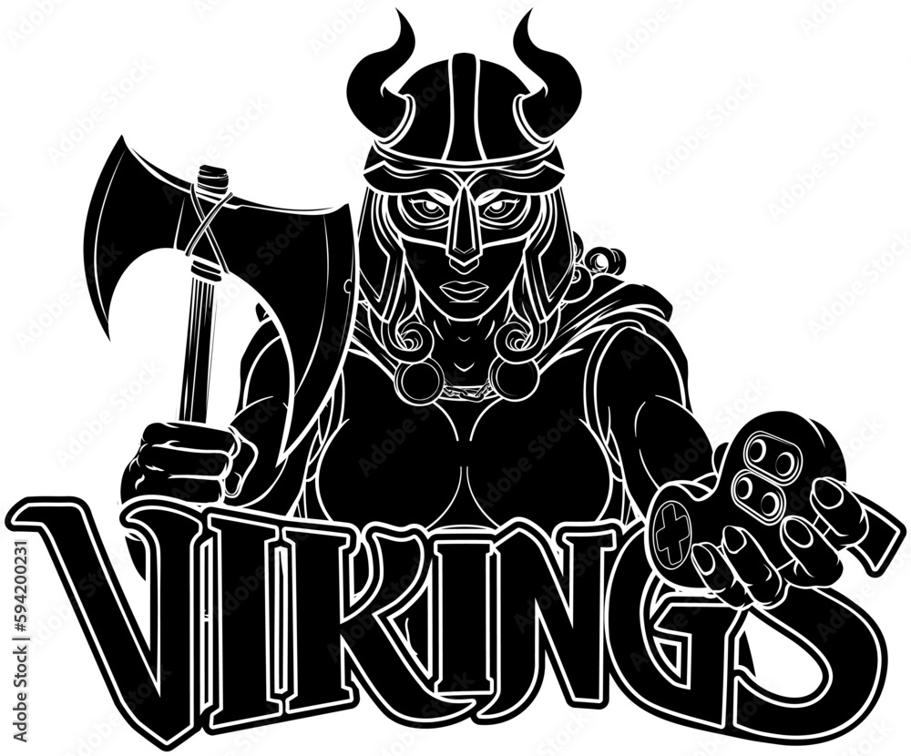 A Viking woman or gladiator female warrior gamer mascot with video games controller