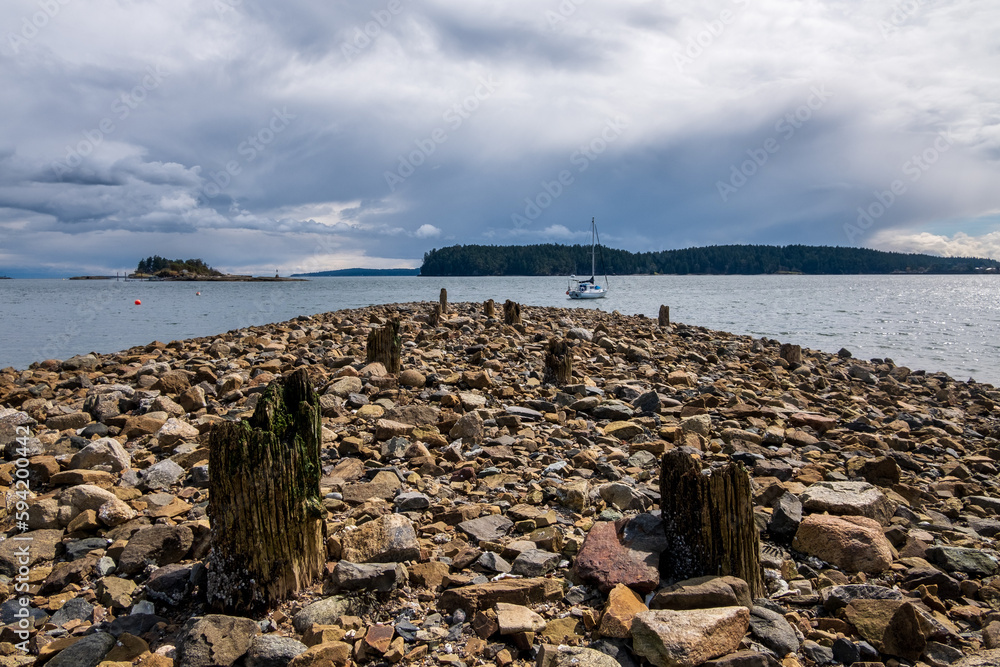 Remnants of the wooden support pillars from Nanaimo's historic coal mining wharves at Departure Bay, Vancouver Island, BC, Canada.