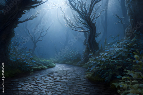 Road with paving stones between plants and trees in the night forest. Fairy forest. Generative AI