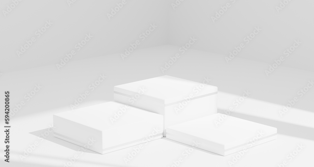 Minimal scene with podium and white background. White and grey color scene. Trendy 3d render for social media banners, promotion, cosmetic product show. Geometric shapes interior. Minimal scene with podium and white background. White and grey color scene. Trendy 3d render for social media banners, promotion, cosmetic product show. Geometric shapes interior.
