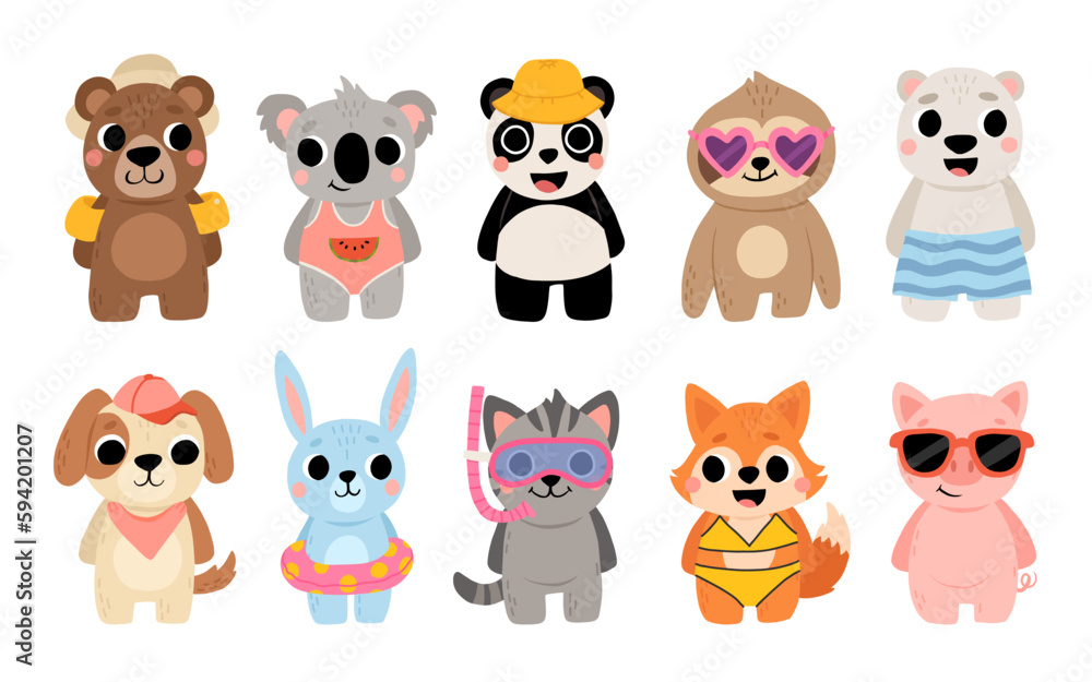 Cute summer tropical animals travel. Including brown bear, polar bear, panda, koala, sloth, cat, dog, pig, fox, and rabbit. Cartoon kids illustration. Cute summer tropical animals travel. Including brown bear, polar bear, panda, koala, sloth, cat, dog, pig, fox, and rabbit. Cartoon kids illustration.