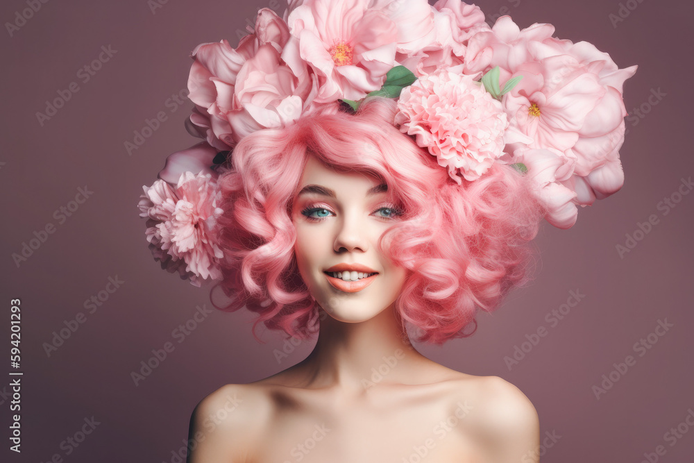 Smiling girl with baroque wig with flowers. Generative AI. 