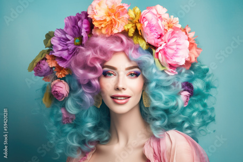 Smiling girl with baroque wig with flowers. Generative AI. 