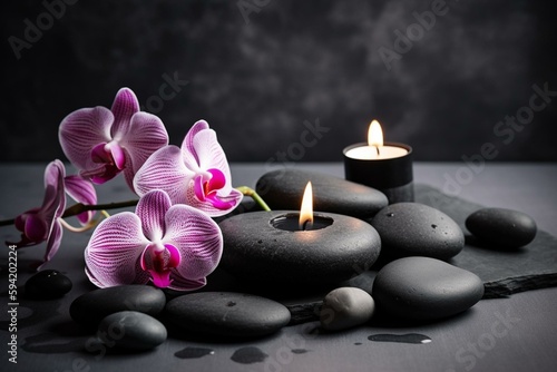 Spa background with pink orchid   candle and zen black stones on gray. Generative AI