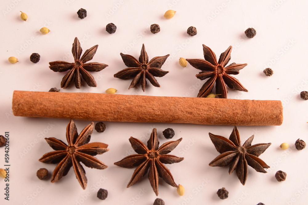 Cinnamon stick and star anise spice.