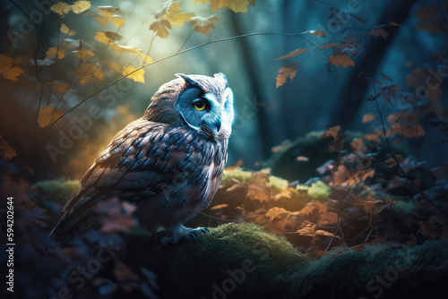 Glowing owl in a fantasy forest, generative AI
