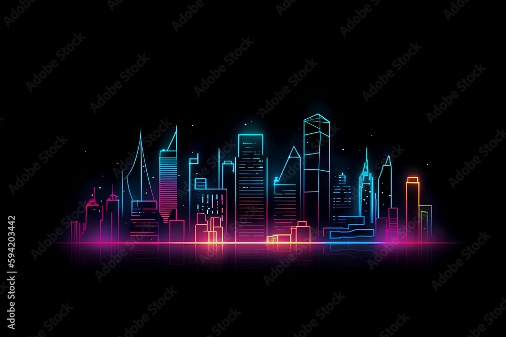 Obraz premium Futuristic city skyline at night, showcasing panorama of interconnected skyscrapers with neon accents. Innovative engineering, intelligent infrastructure, and cyberspace connections. Generative AI