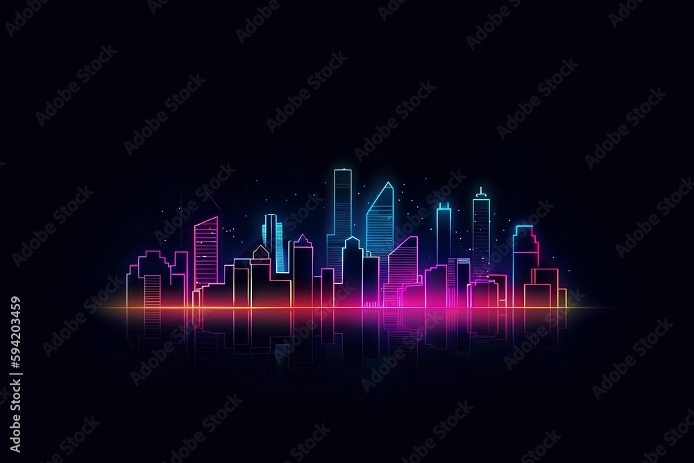 Naklejka premium Futuristic city skyline at night, showcasing panorama of interconnected skyscrapers with neon accents. Innovative engineering, intelligent infrastructure, and cyberspace connections. Generative AI
