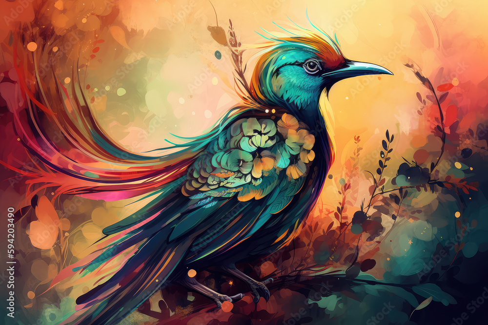 Paradise bird on exotic floral background, fantasy colorful illustration, generative AI