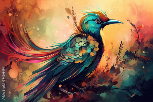 Paradise bird on exotic floral background  fantasy colorful illustration  generative AI