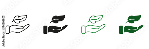 Lightweight Feather on Hand Silhouette and Line Icon Set. Soft Delicate Sensitive Plumelet Black and Green Pictogram. Light Weight Symbol. Easy Smooth Feather. Isolated Vector Illustration
