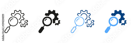 Search Service and Control Sign. Maintenance of Factory Mechanism Cogwheel Symbol Collection. Magnifying Glass with Gears Line and Silhouette Icon Set. Isolated Vector Illustration