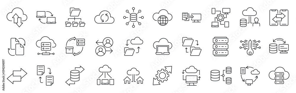 Set of 30 line icons related to data exchange, traffic, files, cloud, server. Outline icon collection. Editable stroke. Vector illustration