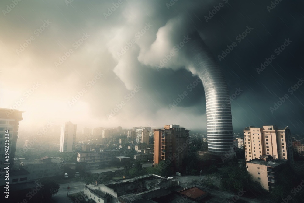 Tornado in modern city. Generative AI