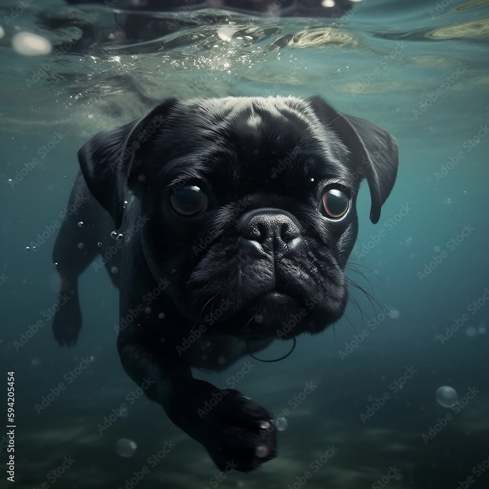 Black pug underwater photorealistic