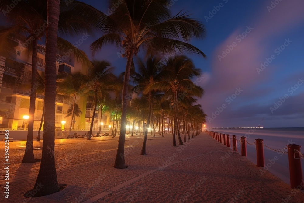 Hollywood beach, Florida. Coconut palm trees on the beach and