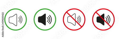 Sound Off, Mute Mode Zone Red and Green Warning Signs. Keep Silence Line and Silhouette Icons Set. Allowed and Prohibited Noise Area, Loud Sound Pictogram. Isolated Vector Illustration