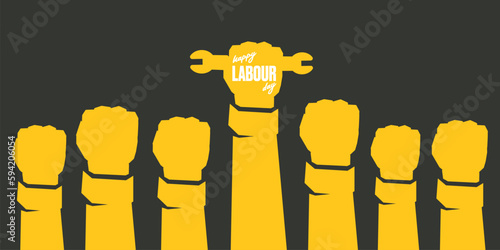 Vector silhouette of red clenched fist holding wrench isolated on grey background. Labour day and international workers day poster, label, greeting card with hand. 1 may logo design template