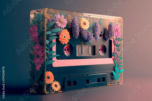 Generative AI illustration of retro cassette tape in frame decorated with various multicolored flowers placed on colorful background