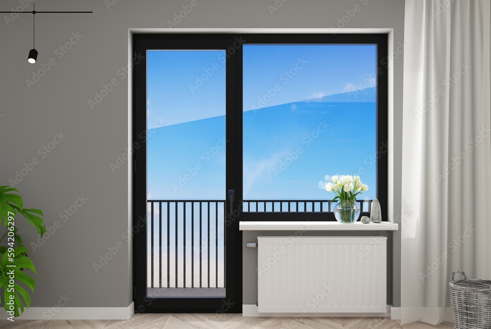 Fototapeta premium Black plastic balcony door with a window