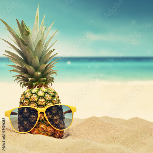 Fresh pineapple fruit in sunglasses on sand and summer photo of beach with ocean. Free space for your decoration. generative ai