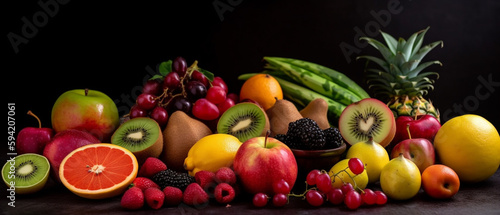 Various types of fruits with aesthetic arrangement, top view.